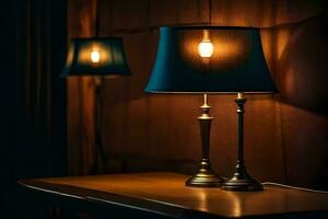zwei Lampen auf ein Tabelle im ein dunkel Zimmer. KI-generiert foto
