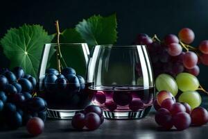 zwei Brille von Wein und Trauben auf ein dunkel Tisch. KI-generiert foto