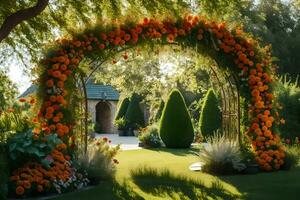 Orange Blumen sind vereinbart worden um ein Garten Bogen. KI-generiert foto