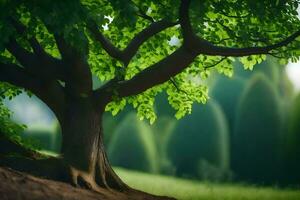 ein Baum ist Sitzung auf das Boden im Vorderseite von ein Grün Feld. KI-generiert foto