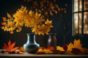 Herbst Blätter im ein Vase. KI-generiert foto