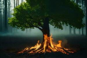 ein Baum mit Flammen Kommen aus von es im das Mitte von ein Wald. KI-generiert foto