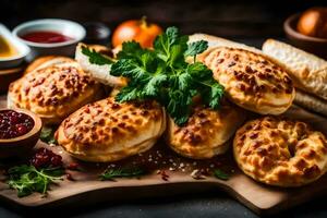 pastös Brot mit Käse und Gemüse auf ein Schneiden Tafel. KI-generiert foto