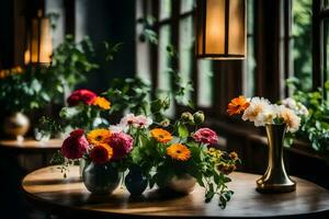 Blumen im Vasen auf ein Tabelle im Vorderseite von Fenster. KI-generiert foto