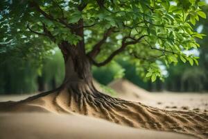 ein Baum mit Wurzeln wachsend aus von das Sand. KI-generiert foto