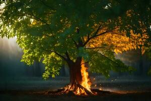 ein Baum mit Flammen Kommen aus von es im das Mitte von das Wald. KI-generiert foto