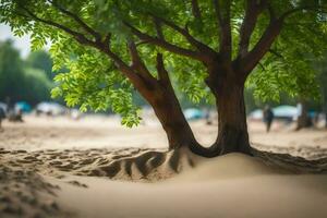 ein Baum ist wachsend aus von das Sand im das Mitte von ein Strand. KI-generiert foto