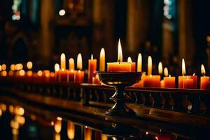 Kerzen sind zündete im ein Kirche mit Kerzen im das Hintergrund. KI-generiert foto