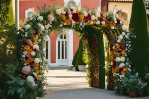 ein Hochzeit Bogen dekoriert mit Blumen und Grün. KI-generiert foto