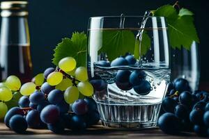 ein Glas von Wasser mit Trauben und ein Flasche von Wasser. KI-generiert foto