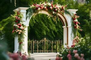 ein Hochzeit Bogen dekoriert mit Blumen und Grün. KI-generiert foto