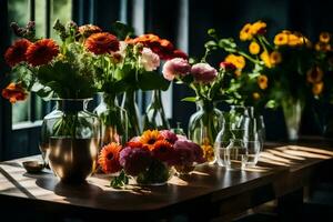 Blumen im Vasen auf ein Tabelle im Vorderseite von Fenster. KI-generiert foto