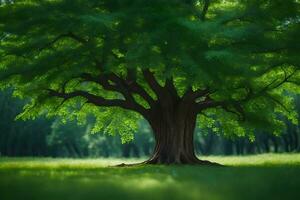 ein groß Baum im das Mitte von ein Grün Feld. KI-generiert foto