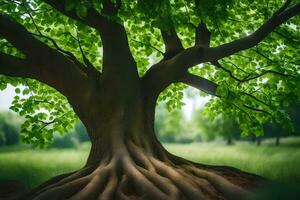 ein Baum mit Wurzeln im das Gras. KI-generiert foto