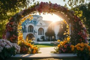 ein Hochzeit Bogen mit Blumen im Vorderseite von ein Villa. KI-generiert foto