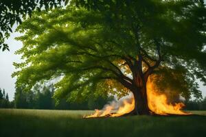 ein Baum mit Flammen Kommen aus von es im das Mitte von ein Feld. KI-generiert foto