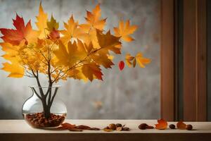 Herbst Blätter im ein Vase auf ein Tisch. KI-generiert foto