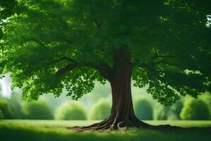 ein Baum ist gezeigt im das Mitte von ein Grün Feld. KI-generiert foto