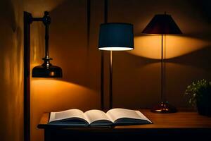 ein Lampe ist auf ein Tabelle Nächster zu ein Buch. KI-generiert foto