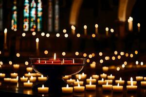Kerzen im ein Kirche mit Kerzen zündete. KI-generiert foto