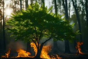 ein Baum ist Verbrennung im das Wald. KI-generiert foto