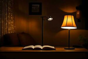 ein Lampe und ein öffnen Buch auf ein Tisch. KI-generiert foto