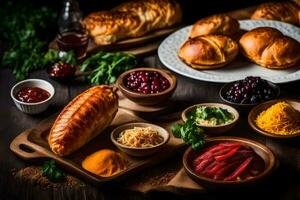 ein Tabelle mit verschiedene Lebensmittel einschließlich brot, Käse und andere Zutaten. KI-generiert foto