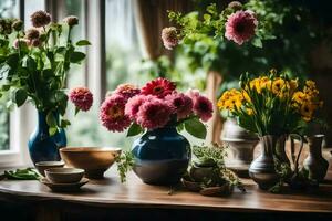 Blumen im Vasen auf ein Tisch. KI-generiert foto