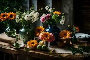 ein Tabelle mit Blumen und ein Vase auf Es. KI-generiert foto