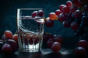 ein Glas von Wasser mit Trauben auf ein dunkel Hintergrund. KI-generiert foto