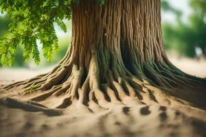 das Wurzeln von ein Baum im das Sand. KI-generiert foto