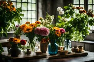 Blumen im Vasen auf ein Tabelle im Vorderseite von ein Fenster. KI-generiert foto