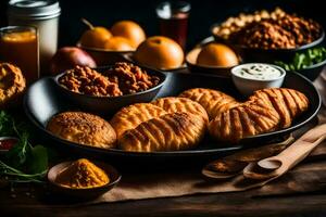 ein Tabelle mit Essen und Gewürze. KI-generiert foto