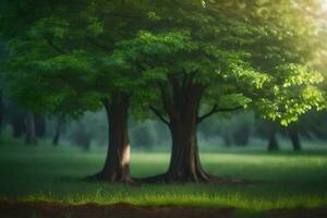 zwei Bäume im ein Grün Feld mit Sonnenlicht leuchtenden durch. KI-generiert foto