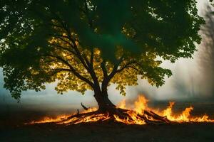 ein Baum mit Flammen und Rauch im das Hintergrund. KI-generiert foto