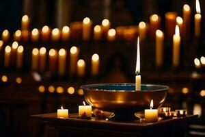 Kerzen sind zündete im ein Kirche mit Kerzen. KI-generiert foto