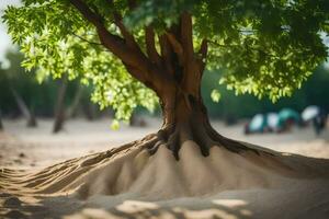 ein Baum mit Wurzeln wachsend aus von das Sand. KI-generiert foto