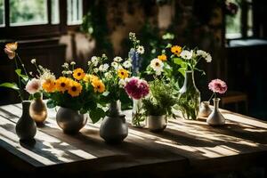 Blumen im Vasen auf ein hölzern Tisch. KI-generiert foto