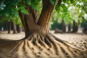 ein Baum mit Wurzeln im das Sand. KI-generiert foto