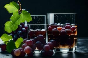 Trauben und Wein im Brille auf ein dunkel Hintergrund. KI-generiert foto