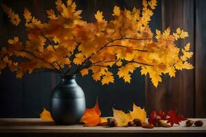 Herbst Blätter im ein Vase auf ein Tisch. KI-generiert foto
