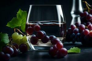 ein Glas von Wein und Trauben auf ein dunkel Hintergrund. KI-generiert foto