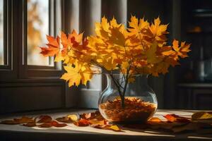 Herbst Blätter im ein Vase auf ein Fensterbrett. KI-generiert foto