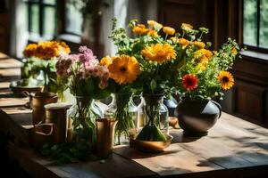 ein Tabelle mit Blumen und Vasen auf Es. KI-generiert foto