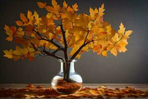 ein Vase mit ein Baum im es mit Herbst Blätter. KI-generiert foto