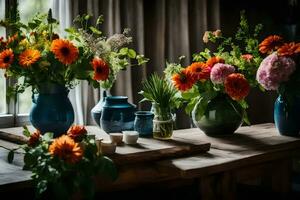 Blumen im Vasen auf ein Tabelle im Vorderseite von ein Fenster. KI-generiert foto