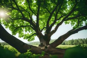 ein groß Baum im das Mitte von ein Feld. KI-generiert foto