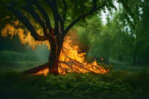 ein Baum mit Flammen Kommen aus von es im das Mitte von das Wald. KI-generiert foto