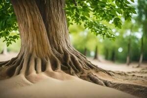 ein Baum mit Wurzeln im das Sand. KI-generiert foto