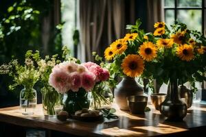 ein Tabelle mit Blumen und Vasen auf Es. KI-generiert foto